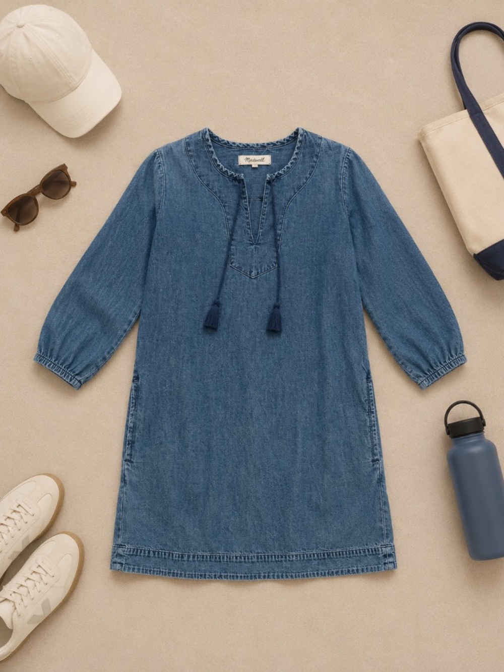 Madewell Dark Indigo Long Sleeve Lace Up Tie Neck Chambray Tunic Top Dress